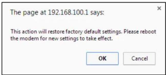 The page at 192.168.100.1 says: This action will restore factory default settings. Please reboot the modem for new settings to take effect. OK Cancel