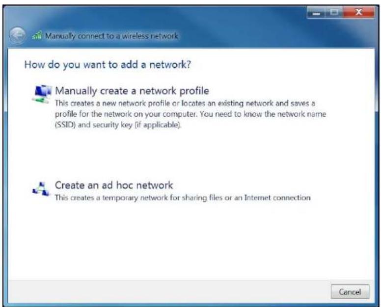 Manually connect to a wireless network How do you want to add a network? Manually create a network profile This creates a new network profile or locates an existing network and saves a profile for the network on your computer. You need to know the network name (SSID) and security key (if applicable). Create an ad hoc network This creates a temporary network for sharing files or an Internet connection Cancel