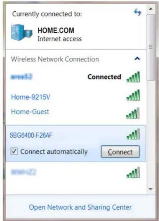 Currently connected to: HOME.COM Internet access Wireless Network Connection Connected Home-9215V Home-Guest SBG6400-F26AF Connect automatically Connect Open Network and Sharing Center