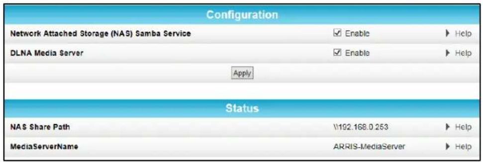 Configuration Network Attached Storage (NAS) Samba Service DLNA Media Server Apply Status NAS Share Path \\192.168.0 253 MediaServerName ARRIS-MediaServer Help Help Help