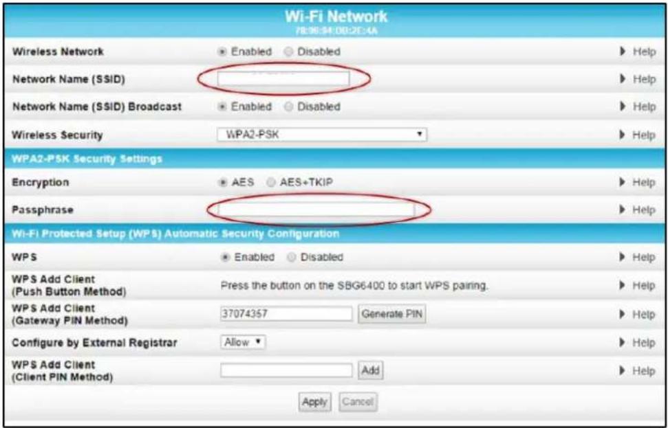 Wi-Fi Network 78.96.94.00.2E:4A Wireless Network Enabled Disabled Help Network Name (SSID) Network Name (SSID) Broadcast Enabled Disabled Help Wireless Security WPA2-PSK Help WPA2-PSK Security Settings Encryption AES AES+TKIP Help Passphrase Help Wi-Fi Protected Setup (WPS) Automatic Security Configuration WPS Enabled Disabled Help WPS Add Client (Push Button Method) Press the button on the SBG6400 to start WPS pairing. Help WPS Add Client (Gateway PIN Method) 37074357 Generate PIN Help Configure by External Registrar Allow Help WPS Add Client (Client PIN Method) Add Help Apply Cancel