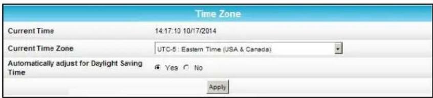 Time Zone Current Time 14:17:10 10/17/2014 Current Time Zone UTC-5: Eastern Time (USA & Canada) Automatically adjust for Daylight Saving Time Yes No Apply