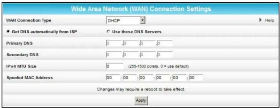 Wide Area Network (WAN) Connection Settings WAN Connection Type DHCP Get DNS automatically from ISP Use these DNS Servers Primary DNS 0 ,0 ,0 ,0 Secondary DNS 0 ,0 ,0 ,0 IPv4 MTU Size 0 (256-1500 octets, 0 = use default) Spoofed MAC Address 00 :00 :00 :00 :00 :00 Changes may require a reboot to take effect. Apply
