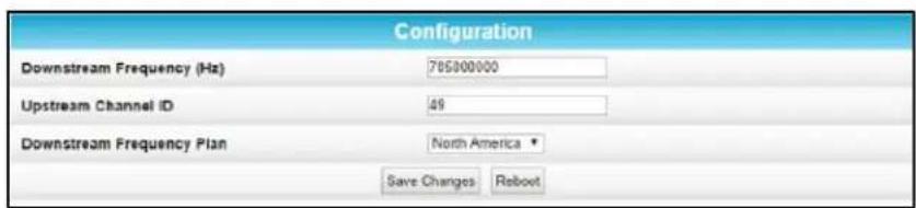 Configuration Downstream Frequency (Hz) 705000000 Upstream Channel ID 49 Downstream Frequency Plan North America ▼ Save Changes Reboot