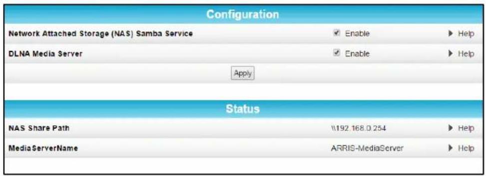 Configuration Network Attached Storage (NAS) Samba Service DLNA Media Server Apply Status NAS Share Path \\192.168.0 254 MediaServerName ARRIS-MediaServer Help Help Help