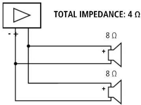 TOTAL IMPEDANCE: 4 Ω - + 8 Ω + 8 Ω +