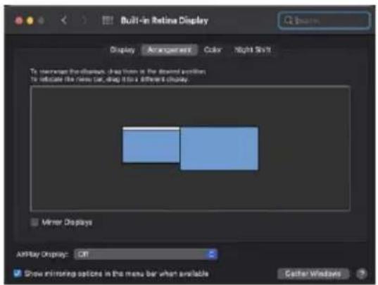 Built-in Retina Display Display Arrangement Color Right Shift To minimize the brightness blur when it is the dashed position. To indicate the noise (or drag) to a different brightness. Mirror Displays AffirBay Display: Off Show mirroring options in the menu bar when available Gofter Windows