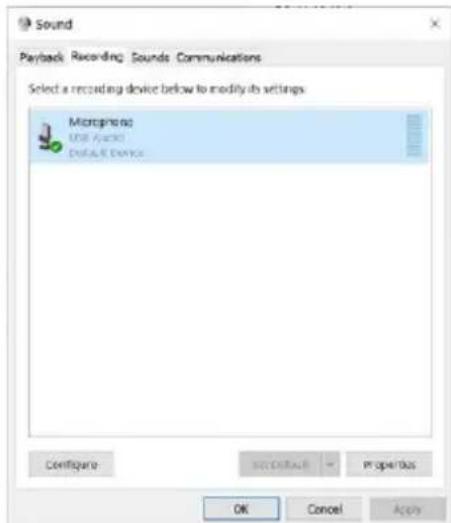 Sound Payback Recording Sounds Communications Select a recording device below to modify its settings. Microphone USB Audio Default Device Configure OK Cancel Apply