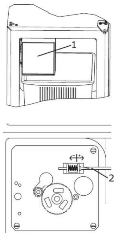 Technical diagram showing two views of a device with labeled components and internal mechanisms