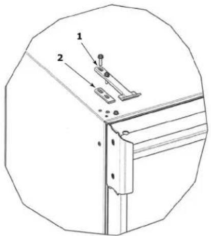 Technical diagram of a mechanical assembly with labeled parts 1 and 2, showing structural components and alignment indicators.