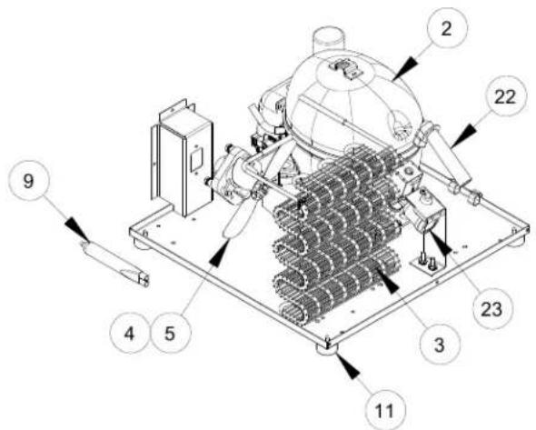 Technical diagram of a mechanical assembly with numbered components, likely a robotic or industrial device.