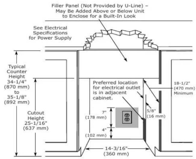 Filler Panel (Not Provided by U-Line) – May Be Added Above or Below Unit to Enclose for a Built-In Look See Electrical Specifications for Power Supply Typical Counter Height 34-1/4" (870 mm) to 35-1/8" (892 mm) Cutout Height 25-1/16" (637 mm) Preferred location for electrical outlet is in adjacent cabinet. 7" (178 mm) 5/8" (16 mm) 4" (102 mm) 18-1/2" (470 mm) Minimum 14-3/16" (360 mm)