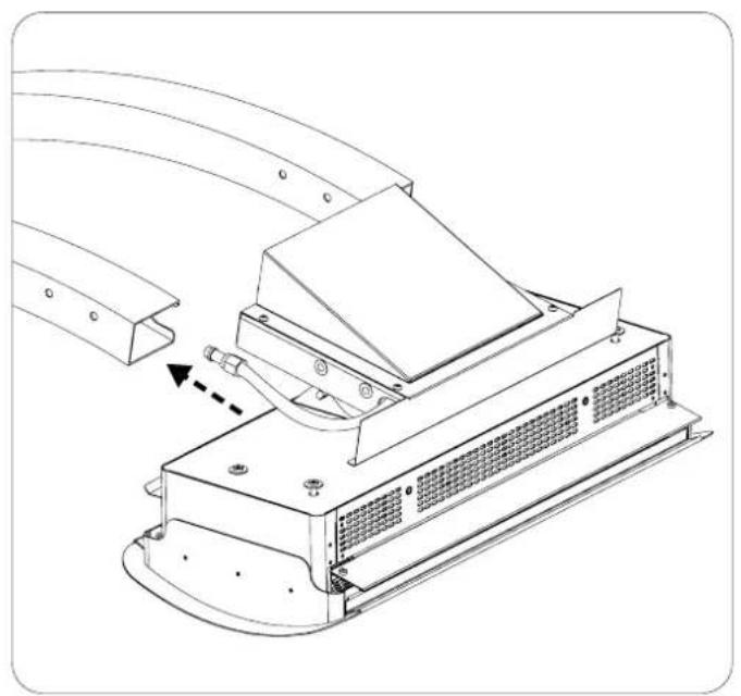 Technical line drawing of a mechanical device with curved metal components and a dashed arrow indicating motion (no text or symbols)