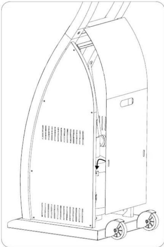 Technical line drawing of a mechanical device with curved top and wheels, showing internal components and a directional arrow (no text or symbols)