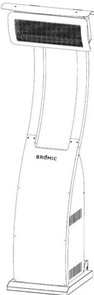 Line drawing of a BRÓMIC industrial device with a mesh top and curved base (no text or symbols on the device itself)