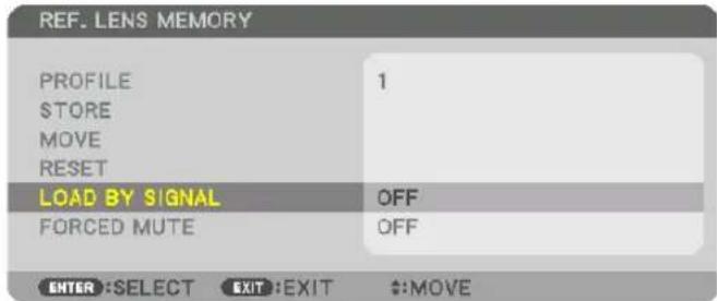 REF. LENS MEMORY PROFILE 1 STORE MOVE RESET LOAD BY SIGNAL OFF FORCED MUTE OFF ENTER:SELECT EXIT:EXIT +:MOVE