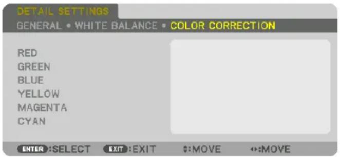DETAIL SETTINGS GENERAL • WHITE BALANCE • COLOR CORRECTION RED GREEN BLUE YELLOW MAGENTA CYAN ENTER :SELECT EXIT :EXIT #:MOVE ↔:MOVE