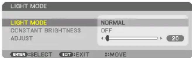 LIGHT MODE LIGHT MODE CONSTANT BRIGHTNESS ADJUST NORMAL OFF 20 ENTER:SELECT EXIT:EXIT #:MOVE