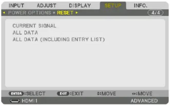 INPUT ADJUST DISPLAY SETUP INFO. POWER OPTIONS • RESET ▶ CURRENT SIGNAL ALL DATA ALL DATA (INCLUDING ENTRY LIST) ENTER :SELECT EXIT :EXIT :MOVE :MOVE HDMI1 ADVANCED
