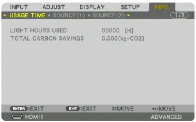 INPUT ADJUST DISPLAY SETUP INFO. USAGE TIME SOURCE(1) SOURCE(2) 1/3 LIGHT HOURS USED 00000 [H] TOTAL CARBON SAVINGS 0.000[kg-CO2] ENTER EXIT EXIT EXIT MOVE ←→MOVE HDMI ADVANCED
