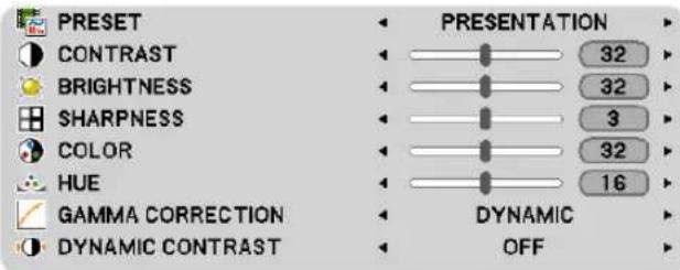 PRESET CONTRAST BRIGHTNESS SHARPNESS COLOR HUE GAMMA CORRECTION DYNAMIC CONTRAST PRESENTATION 32 32 3 32 16 DYNAMIC OFF