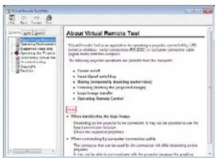 About Virtual Remote Tool Virtual Remote Tool is an application for expanding a proxy icon which by LAR, timing or obsolescence, serial connections (PS 2023) or customer connection cable, physical mode, and other types. The following projective operations are possible from the computer: • Power switch • Inset image switching • Making (implicitly blocking user actions) • Intersect (blocking the projected usage) • Simple menu transfer • Operating Remote Control • When transforming the basic images Expanding on the projector to be connected, it may not be accessible to use the basic communication function. Check the supported projects • When transforming by computer interaction cable The connector that can be used to the connection will differ depending on the projector. It may not be able to communicate with the projector because the image is available.