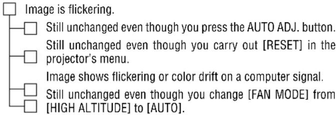 Image is flickering. Still unchanged even though you press the AUTO ADJ. button. Still unchanged even though you carry out [RESET] in the projector's menu. Image shows flickering or color drift on a computer signal. Still unchanged even though you change [FAN MODE] from [HIGH ALTITUDE] to [AUTO].