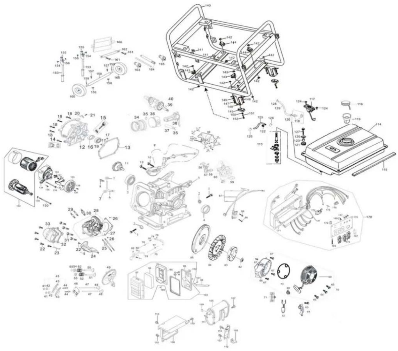 Exploded view diagram of a mechanical assembly with numbered parts and exploded views