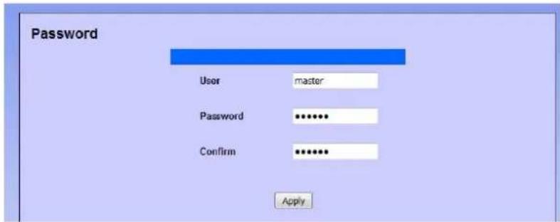 Password User master Password ******** Confirm ******** Apply