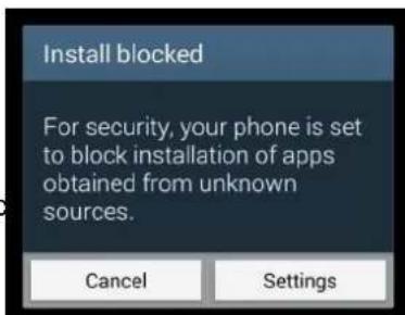Install blocked For security, your phone is set to block installation of apps obtained from unknown sources. Cancel Settings