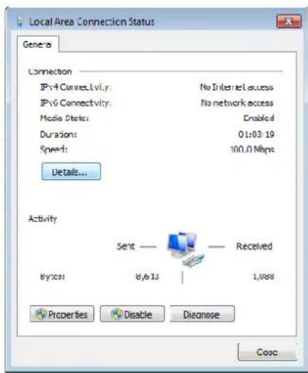 Local Area Connection Status General Connection IPv4 ConnectLvi.r: No Internet access IPv6 Connectivity: No network access Media State: Enabled Duration: 01:03:19 Speed: 100.0 Mbps Details... Activity Sent — Received Bytes: 8,613 | 1,088 Properties Disable Diagnose Cosc