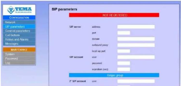SIP parameters NOT REGISTERED SIP server address port domain outbound proxy local up port SIP account user password expiration (sec) Ringer group 2" SIP account user