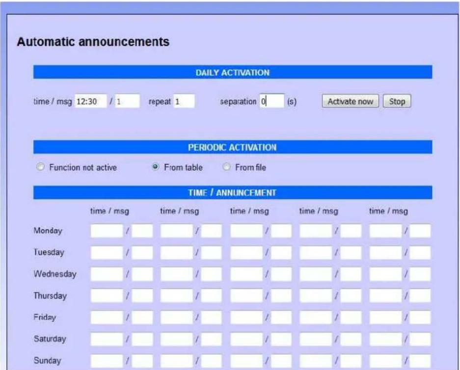 Automatic announcements DAILY ACTIVATION time / msg 12:30 / 1 repeat 1 separation 0 (s) Activate now Stop PERIODIC ACTIVATION Function not active From table From file TIME / ANNOUNCEMENT time / msg time / msg time / msg time / msg time / msg Monday / / / / / / / / / / Tuesday / / / / / / / / / Wednesday / / / / / / / / Thursday / / / / / / / / / Friday / / / / / / / / Saturday / / / / / / / / Sunday / / / / / / / /