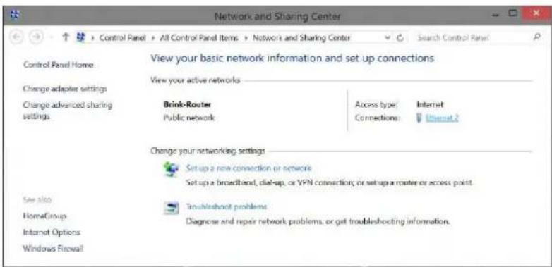 Network and Sharing Center Control Panel Home Change adapter settings Change advanced sharing settings View your basic network information and set up connections View your active networks Brink-Router Public network Access type: Internet Connections: Internet2 Change your networking settings Set up a new connection or network Set up a broadband, dial-up, or VPN connections; or setup a router or access point. Troubleshoot problems Diagnose and repair network problems, or get troubleshooting information. Save also HomeGroup Internet Options Windows Firewall