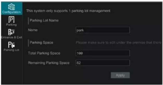 This system only supports 1 parking lot management. Parking Lot Name Name park Parking Space Please make sure to edit under the premise that there Total Parking Space 100 Remaining Parking Space 82 Apply