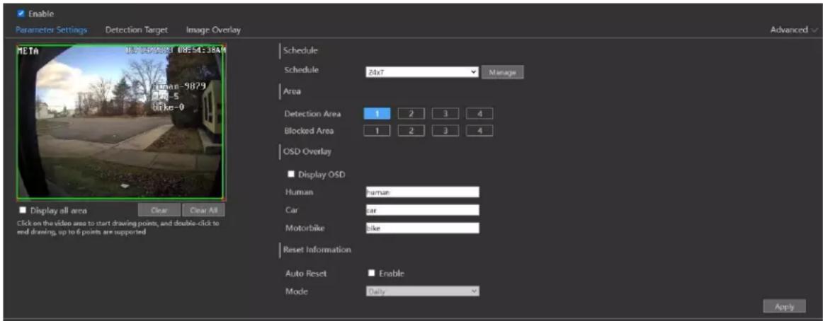 Enable Parameter Settings Detection Target(Image Overlay META 10.0x7-9879 08:54:38AM Human -9879 Strike -5 Strike-0 Schedule Schedule 24x7 Manage Area Detection Area 1 2 3 4 Blocked Area 1 2 3 4 OSD Overlay Display OSD Human human Car car Motorbike bike Reset Information Auto Reset Enable Mode Daily Apply