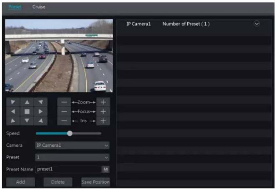 Preset Cruise IP Camera1 Number of Preset (1) ←Zoom→ + ←Focus→ + ←Iris→ + Speed Camera IP Camera1 Preset 1 Preset Name preset1 Add Delete Save Position