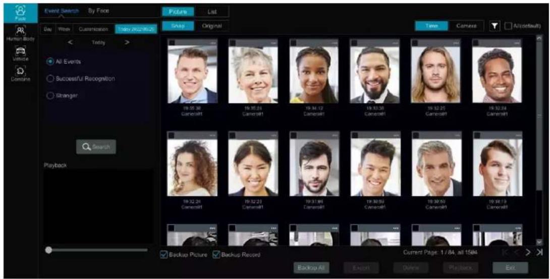 Event Search By Face Picture List Snap Original Time Camera All(default) Day Week Customization Today 2022-06-25 Human Body Vehicle Combine All Events Successful Recognition Stranger Search Playback Backup Picture Backup Record Current Page: 1 / 84, all 1584 Backlog All Export Delete Playback Exit
