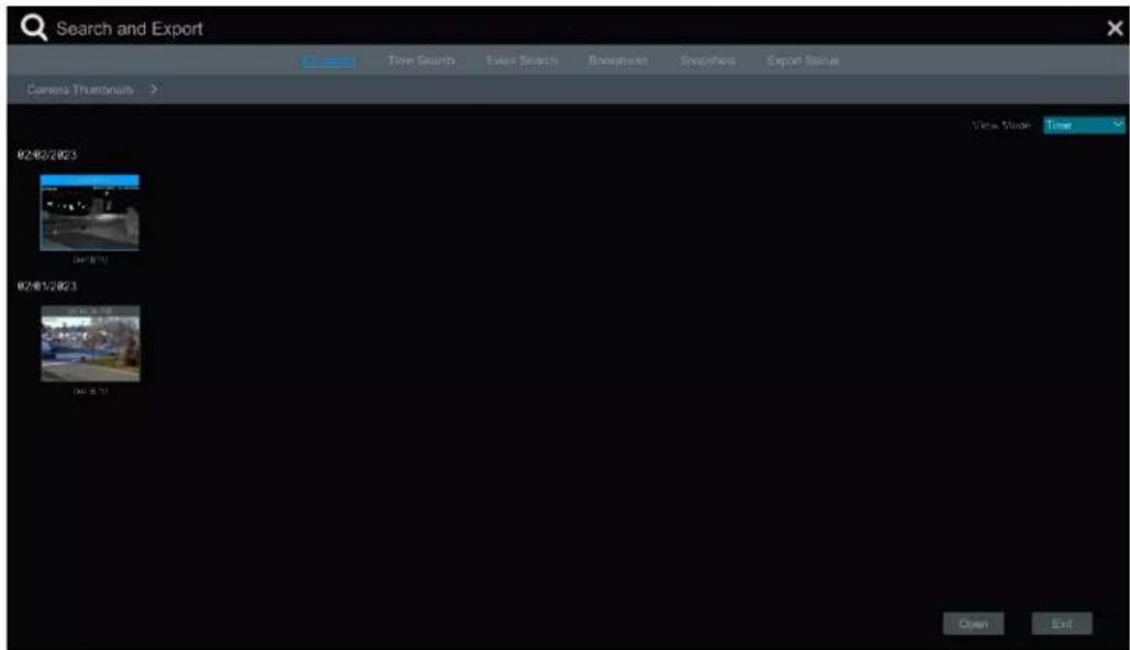 Search and Export Camera Trumbians Time Search Event Search Bookmark Swephors Export Game 02/02/2023 View Mode: Time 02/01/2023 Open Exit