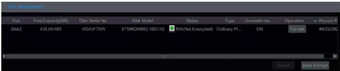 Disk Management Disk Free/Capacity[GB] Disk Serial No. Disk Model Status Type Overwrite mo... Operation Record Pi Disk2 438.69/465 W2A3F7XW ST500DM002-1BD142 RW(Not Encrypted) Ordinary Pi... ON Format 08/22/202 Unlock Data Encrypt