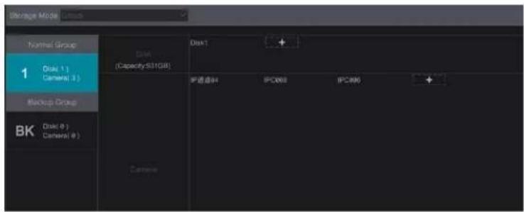 Storage Mode Normal Group 1 Disk (1) Camera (3) Backup Group BK Disk (0) Camera (0) Disk (Capacity 531GB) Disk1 IP通道84 IPC888 IPC896 +