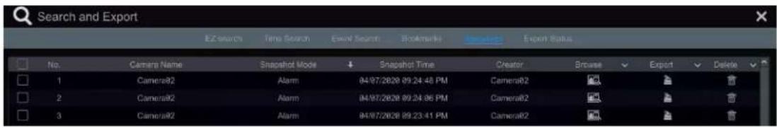 Search and Export No. Camera Name Snapshot Mode Snapshot Time Creator Browse Export Delete 1 Camera82 Alarm 04/07/2020 09:24:46 PM Camera82 2 Camera82 Alarm 04/07/2020 09:24:06 PM Camera82 3 Camera82 Alarm 04/07/2020 09:23:41 PM Camera82 EZH-SHNS TIME-SHNS EWOR-SHNS Bookmarks Sensor Export Status