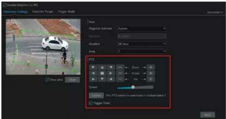 Enable Detection by IPC Parameter Settings Detection Target Trigger Made Mode Regional Activities Appear Duration Duration 28 Secs Area 1 PTZ Zoom → + Focus → + ms → + Speed Laser: The PTZ control is unavailable in locked status f Trigger Trail Add to