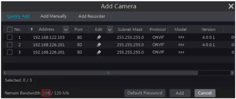 Add Camera Quickly Add Add Manually Add Recorder No. Address Port Edit Subnet Mask Protocol.Model.Version 1 192.168.122.103 80 255.255.255.0 ONVIF xxx 4.0.0.1 0 2 192.168.226.201 80 255.255.255.0 ONVIF xxx 4.0.0.1 0 3 192.168.226.201 80 255.255.255.0 ONVIF xxx 0 Selected: 0 / 3 Remain Bandwidth: 108 / 120 Mb Default Password Add Cancel