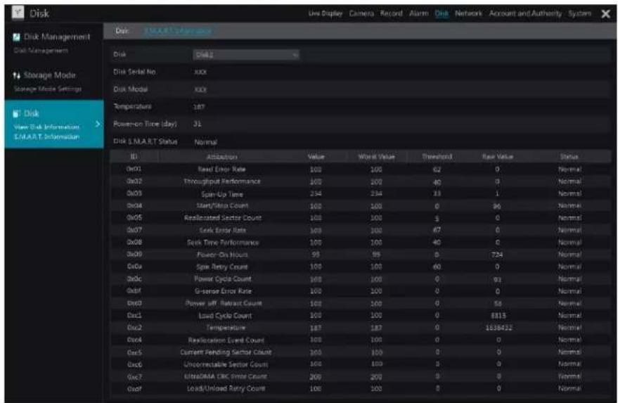 Disk Disk Management Disk Management Storage Mode Storage Mode Settings Disk View Disk Information E/M.A.R.T. Information Disk S.M.A.R.T Status Normal ID Attribution Value Worst Value Threshold Raw Value Status 0x01 Based Error Rate 103 100 62 0 Normal 0x02 Throughput Performance 103 100 40 3 Normal 0x03 Spin-Up Time 254 254 33 1 Normal 0x04 Start/Stop Count 103 100 0 86 Normal 0x05 Reallocated Sector Count 103 100 5 0 Normal 0x07 Sink Entry Rate 309 300 87 0 Normal 0x08 Sink Time Performance 103 100 40 0 Normal 0x09 Power On Hours 99 99 5 724 Normal 0x0a Split Retry Count 103 100 60 0 Normal 0x0c Power Cycle Count 103 100 0 93 Normal 0x0f G-serose Error Rate 103 100 0 0 Normal 0x0 J Power off Retracer Count 103 100 0 56 Normal 0x1 Load Cycle Count 103 100 0 8815 Normal 0x2 Temperature 187 187 0 1638422 Normal 0x4 Reallocation Event Count 103 100 0 0 Normal 0x5 Current Fielding Sector Count 103 100 0 0 Normal 0x6 Uncorrectable Sector Count 103 100 3 0 Normal 0x7 UltraDMA DAC Error Count 209 209 8 8 Normal 0x8 Load/Unload Retry Count 106 100 8 0 Normal