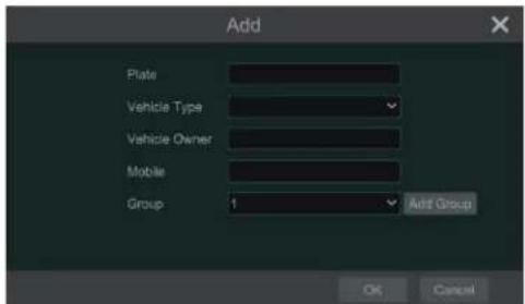 Add Plate Vehicle Type Vehicle Owner Mobile Group 1 Add Group OK Cancel