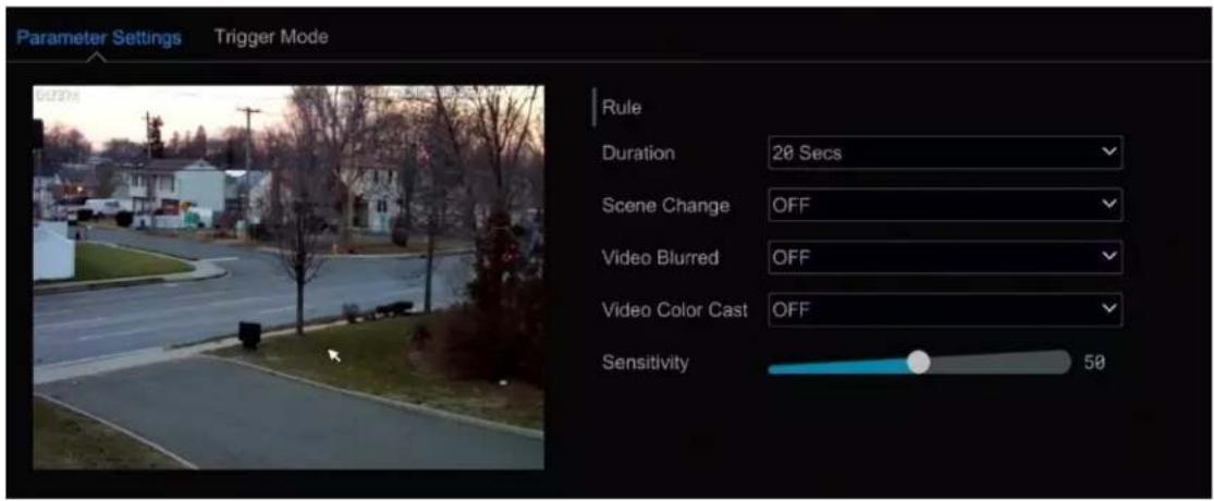 Parameter Settings Trigger Mode Rule Duration 20 Secs Scene Change OFF Video Blurred OFF Video Color Cast OFF Sensitivity 50