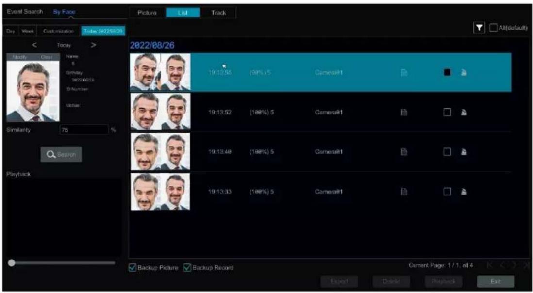 Event Search By Face Picture List Track Day Week Customization Today 2022/08/26 Modify Clear Name $ Birthday 2022/08/26 ID Number Mobile Similarity 75 Q Season Playback 2022/08/26 19:13:56 (99%) 5 Camera@1 19:13:52 (188%) 5 Camera@1 19:13:48 (188%) 5 Camera@1 19:13:33 (188%) 5 Camera@1 Backup Picture Backup Record Current Page 1 / 1, all 4 Export Delete Playback Exit All(default)
