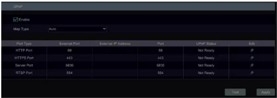 UPnP ✓ Enable Map Type Auto Port Type External Port External IP Address Port UPnP Status Edit HTTP Port 80 80 Not Ready HTTPS Port 443 443 Not Ready Server Port 6036 6036 Not Ready RTSP Port 554 554 Not Ready Test Apply