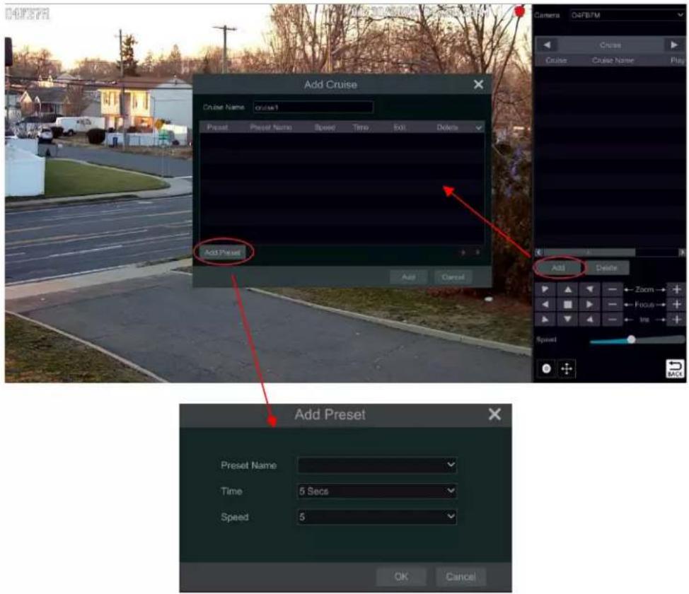 Add Cruise Cruiser Name: cruise1 Preset Preset Name Speed Time Roll Delete Add Preset Add Cancel Add Preset Preset Name Time 5 Secs Speed 5 OK Cancel Camers O4FBTM Cruise Cruiser Name Play Zoom Zoom Focus Focus Ins Add Delete Speed ADD Cancel